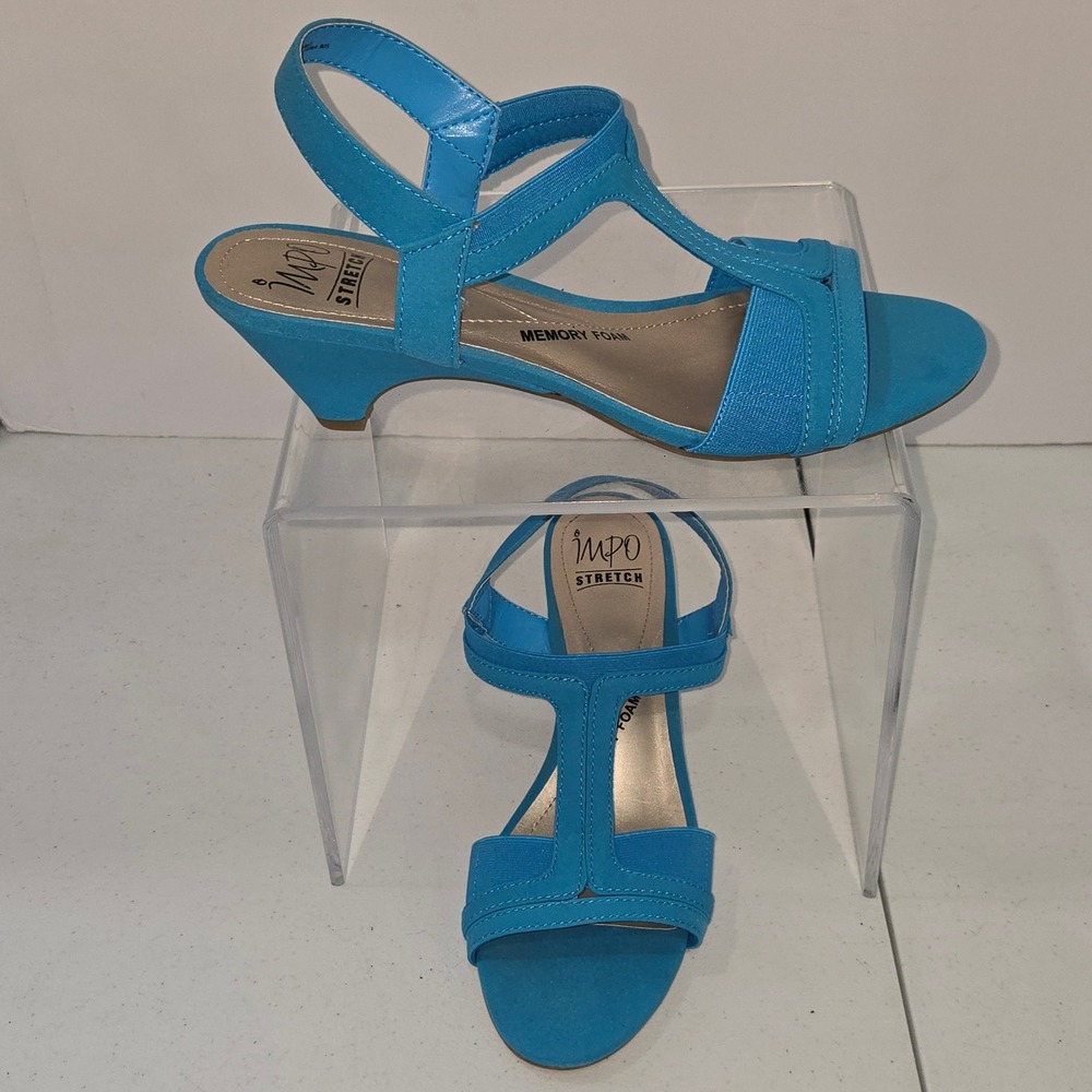 Impo Meara Stretch Blue Strappy Sandals Memory Foam Kitten Heel Womens 9.5M